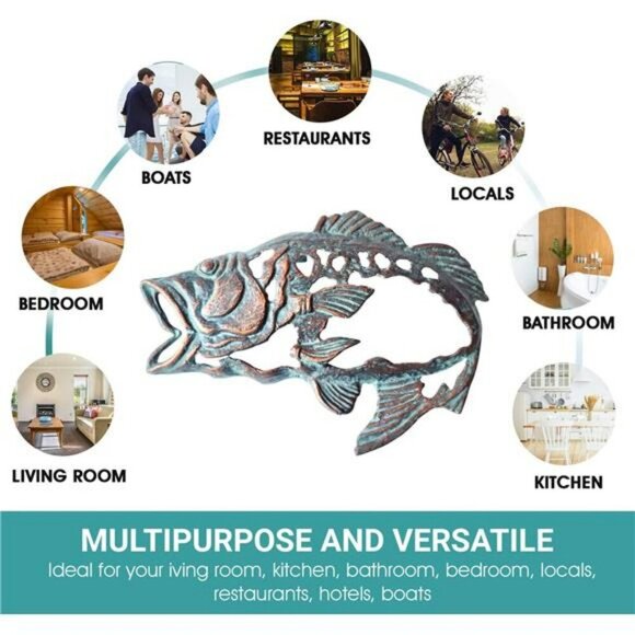 Cast Iron Fish Wall Art Large Mouth Bass Metal Decor Rustic Nautical Sign - Picture 7 of 8